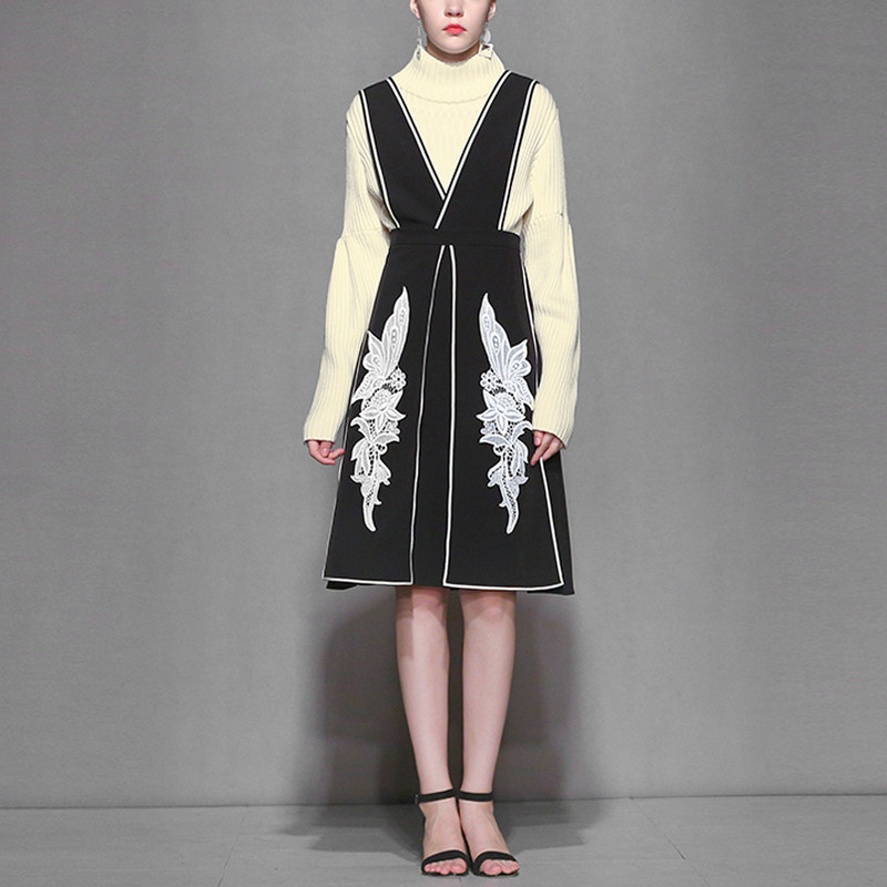 2017秋装新款女装欧美时尚优雅撞色贴花气质大摆名媛背带连衣裙