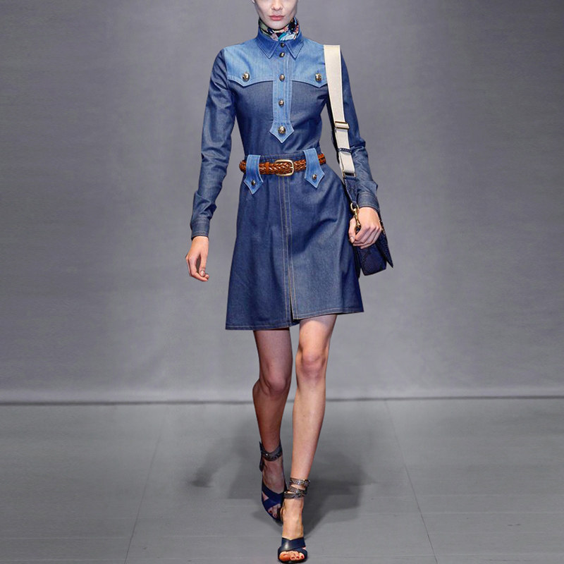 2017秋装新款女装欧美时尚撞色拼接收腰A型牛仔连衣裙