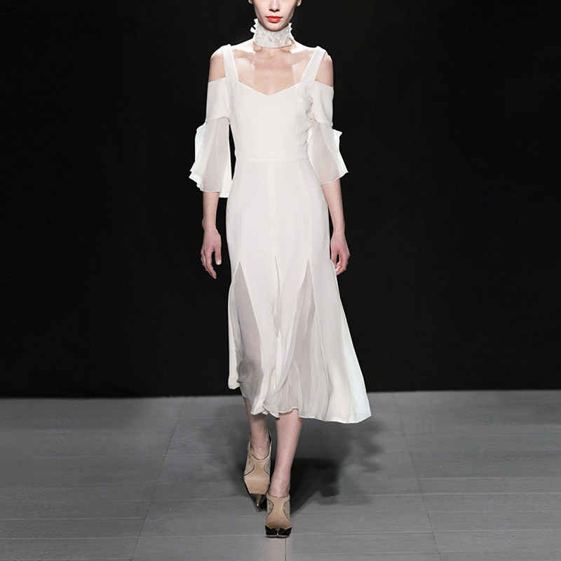 夏季气质名媛复古长裙露肩显瘦中长款雪纺连衣裙女装夏装2017新款