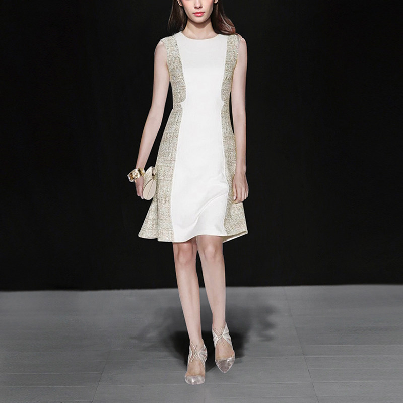 2017夏季新款女装时尚气质简约优雅圆领拼接收腰显瘦A摆连衣裙