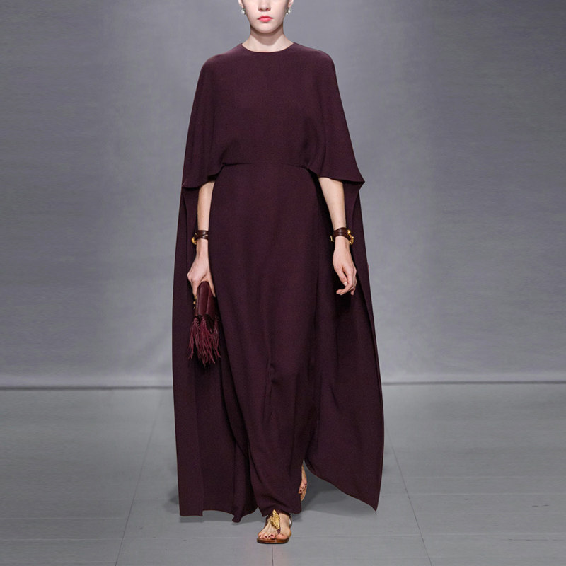 2017秋装新款女装欧美时尚简洁前短后长复古酒红色斗篷式连衣裙
