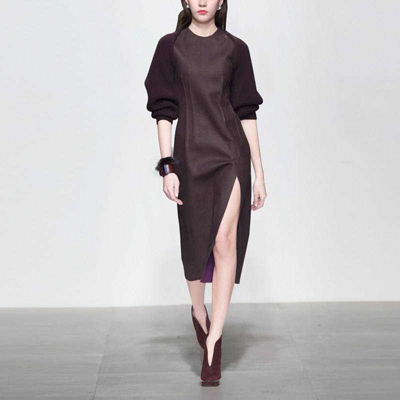 冬季气质名媛PU皮长裙显瘦长袖中长款毛呢连衣裙女装冬装2017新款