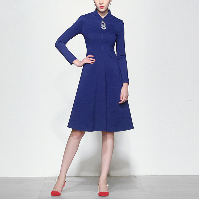 秋季气质名媛复古修身长裙长袖显瘦中长款连衣裙女装秋装2017新款