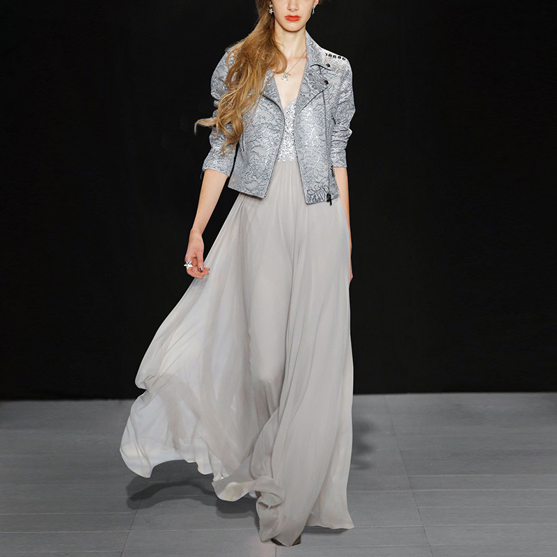 秋季时尚气质休闲两件套短款外套雪纺连衣裙套装女装秋装2017新款