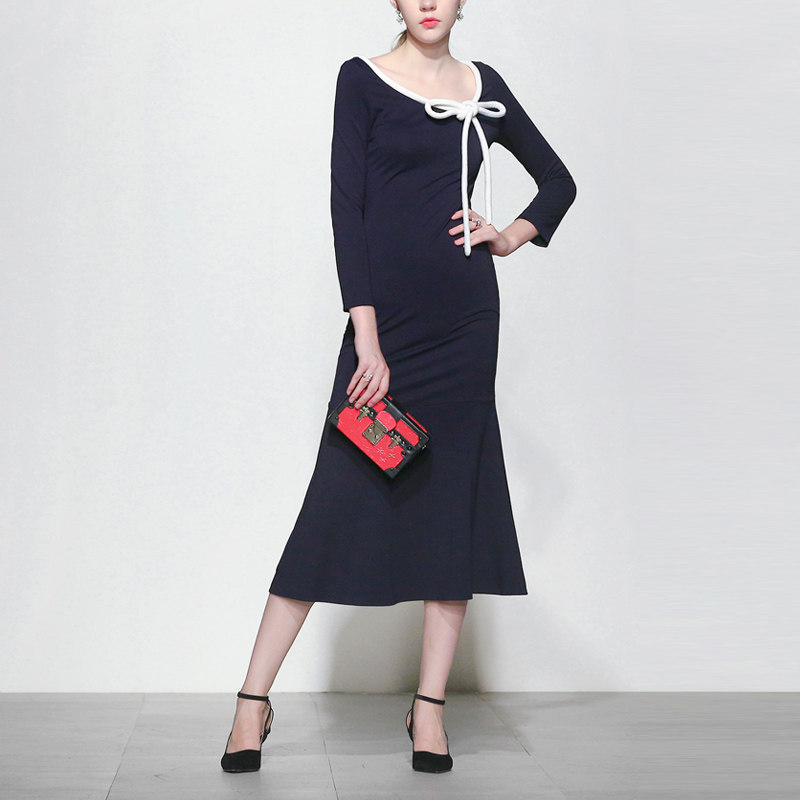 秋季气质名媛修身长裙收腰显瘦中长款长袖连衣裙女装秋装2017新款