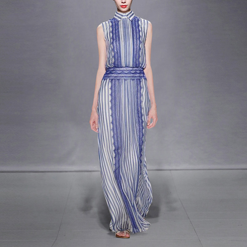 夏季气质名媛优雅长裙条纹蕾丝中长款雪纺连衣裙女装夏装2017新款