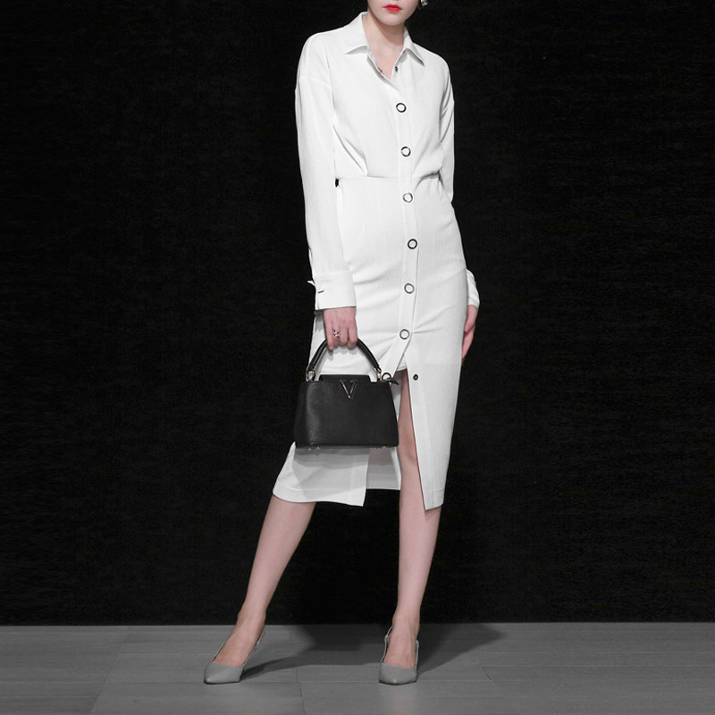 2017秋装新款潮女装时尚气质肌理感面料落肩长袖衬衫式连衣裙