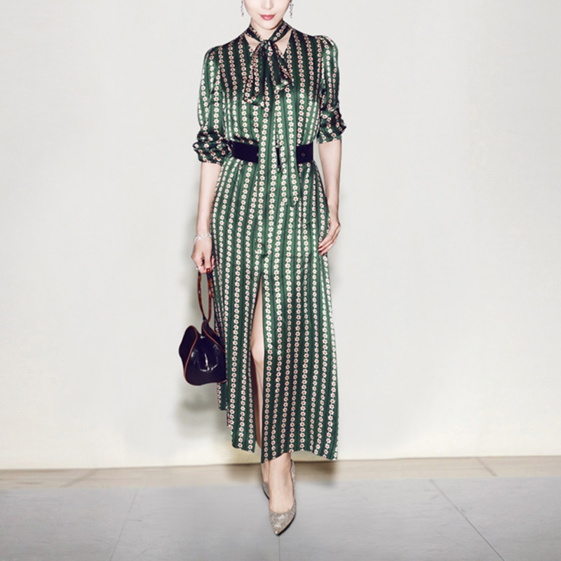 秋季时尚气质休闲印花长裙宽松显瘦中长款连衣裙女装秋装2017新款