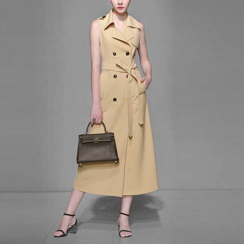 2017秋季女装潮新款干练帅气潮流无袖系带双排扣中长款风衣外套