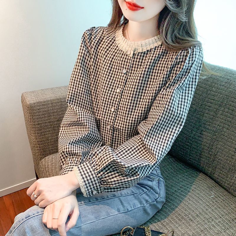 Clearance Sale, Boutique Return~ French Vintage Style Spring and Autumn Round-Neck Lace Plaid Shirt for Women, Long-Sleeve Elegant Top
