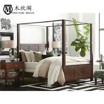 American solid wood rack bed vintage old rustic style oak four-column double bed curtain custom made