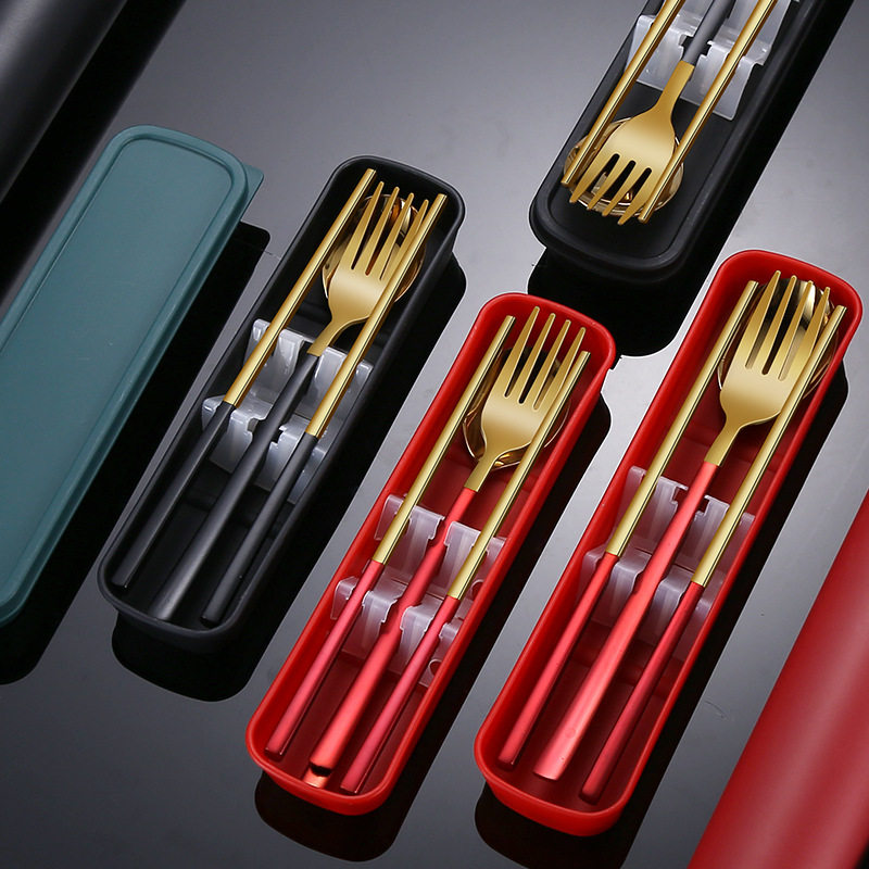 304 stainless steel spoon set antibacterial fork spoon chopsticks 3-piece set student office worker canteen portable tableware