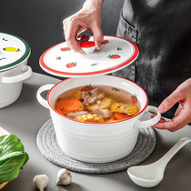 Hand painted ceramic with cover double ear bowl Large number large bowl home soup bowl Japanese style glazed down foam noodles bowls creative ceramic cutlery