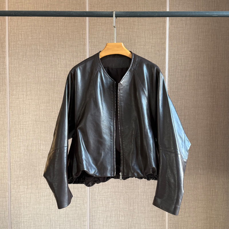 Loose Fit Sheepskin Round Neck Genuine Leather Jacket Women's Short Sheepskin Jacket Batwing Sleeve Top 2025