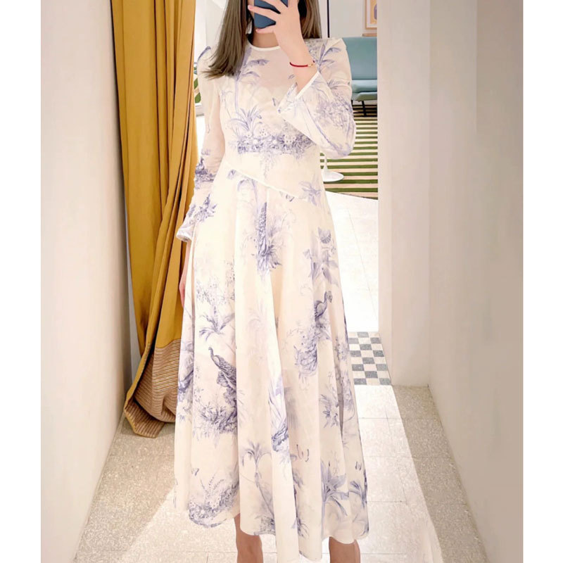 2024 High-End and Elegant Peacock Print Asymmetrical Waist-Cinching Flared A-Line Long-Sleeve Dress