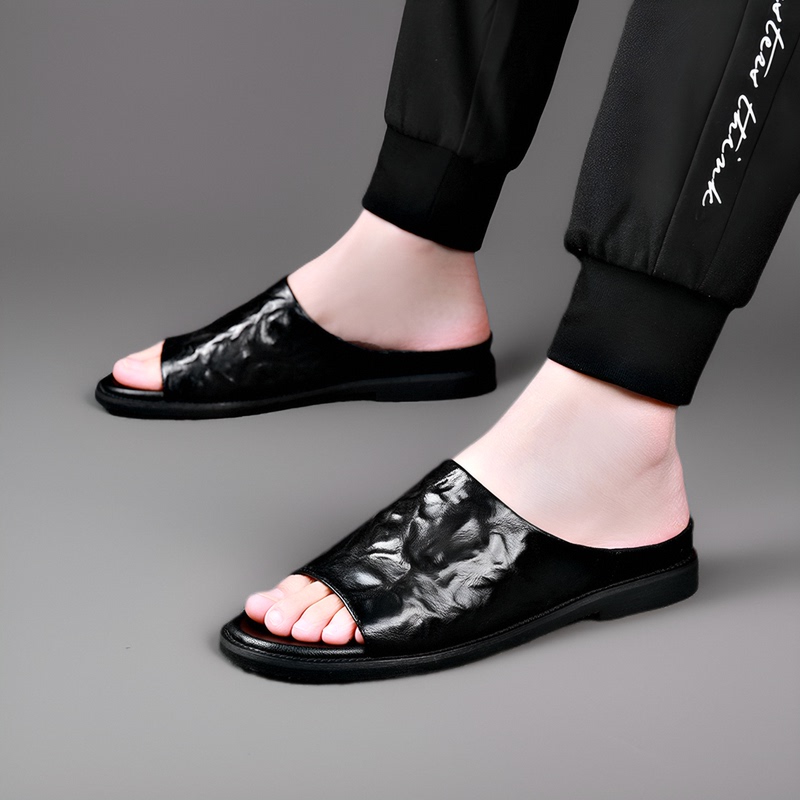 Sheepskin Flip-Flops for Men, High-End Summer Waterproof Heelless Slippers, Men's Non-Slip Soft-Soled Genuine Leather Beach Shoes and Sandals