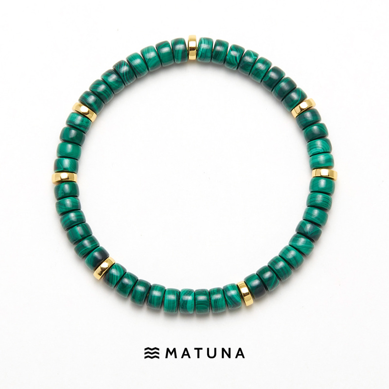 M76 Rich Forest Green Matuna Natural Malachite Bracelet for Men and Women, Unique and Stylish Stackable Bracelet with Silver Gold Plating