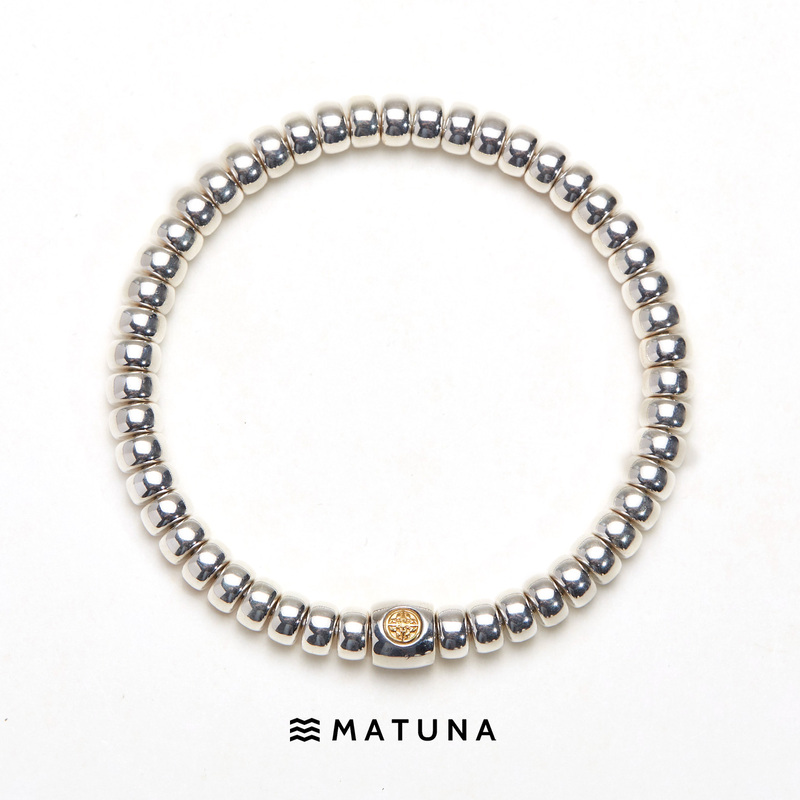 M88 Vajra Matuna Straight-Cut Pill-Shaped Silver Bracelet with 22K Gold Label Old-Style Barrel Beads for Men and Women