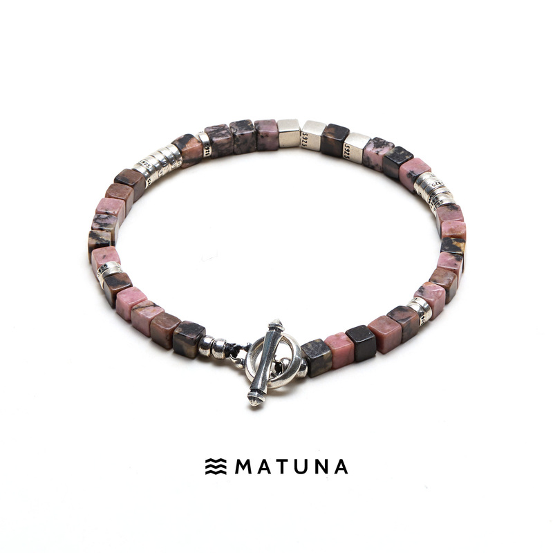 M190 Wilderness Matuna Natural Rhodonite & African Pine Silver Bracelet, Niche Romantic Unique Couple's Matching Style
