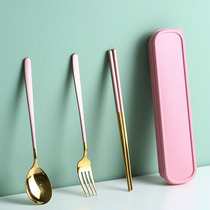 Portable chopsticks spoon fork single suit One person food tableware Three sets stainless steel fork spoon chopstick cute containing box