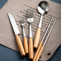 Yayi Xiu steak knife and fork spoon chopsticks wooden handle tableware accessories set stainless steel Western tableware knife and fork four-piece set