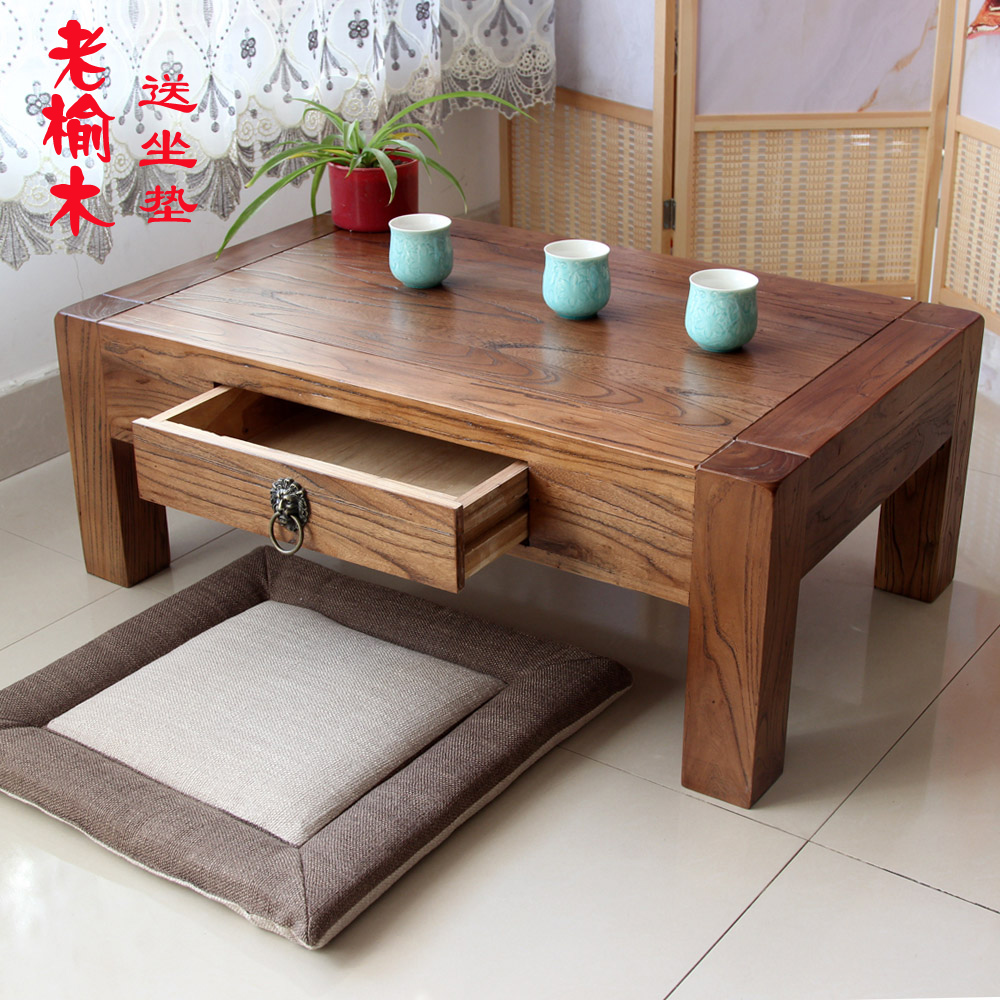 Qianyu solid wood bay window table Chinese style old elm wood tatami coffee table Japanese style small tea table simple balcony low table Kang table