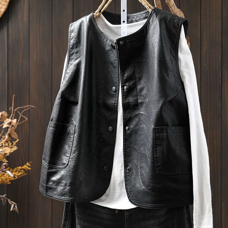 Black Pu Leather Vest for Women, Petite Size, 2025 Autumn New Style, High-End Outerwear, Layered Vest, Soft Leather Jacket