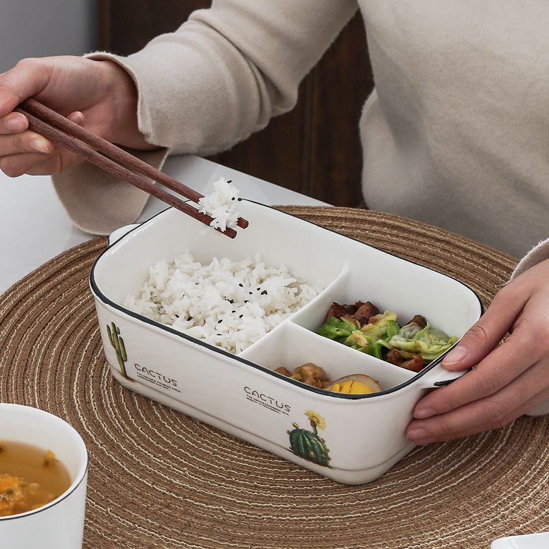 Ceramic Split Lunch Box Lunch Box Microwave Oven Special Bowl Seal With Lid Separating Rectangular Office Worker Preservation Box