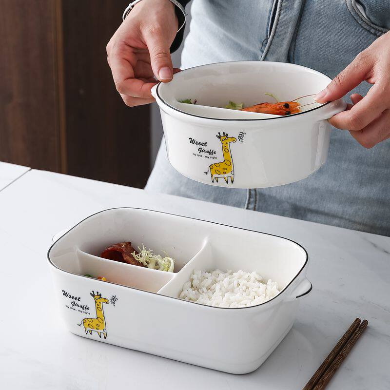 Ceramic lunch box, round compartment, two compartments, sealed microwave oven, separate bowl, office worker's lunch box with lid, fresh-keeping box