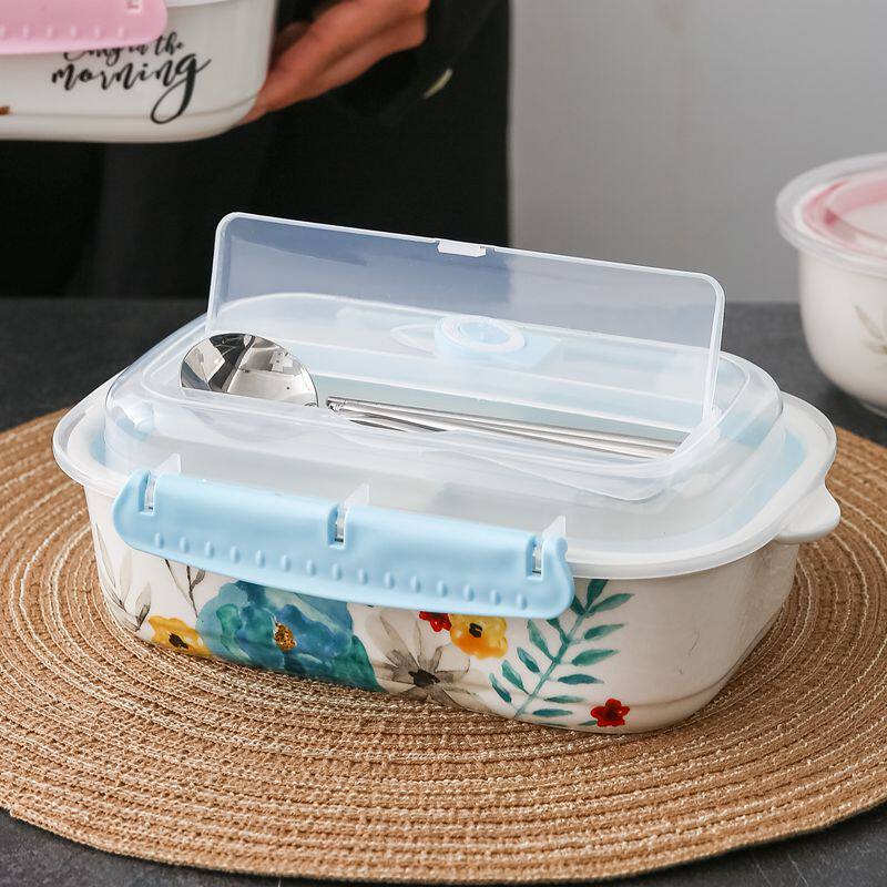 Microwave ceramic lunch box lunch box Chinese-style sealed lunch box bowl with lid can be buckled office worker compartment bowl fresh-keeping box