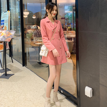 2021 new Baiyear womens spring clothing collection waist display slim temperament net red retro small fragrant wind double-row buttoned suit one-piece dress
