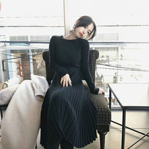  Long sweater skirt with coat over the knee thickened inside loose thin meat slightly fat knitted dress autumn and winter