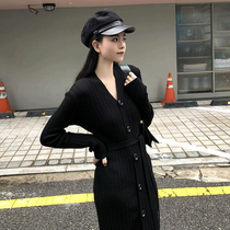  Knitted dress womens autumn and winter high and cold fan retro lazy wind thin mid-length section with knee-length sweater bottoming skirt