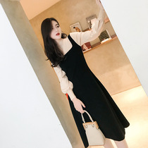  Autumn 2021 new Hepburn small black skirt waist thin temperament French color knitted dress female autumn and winter