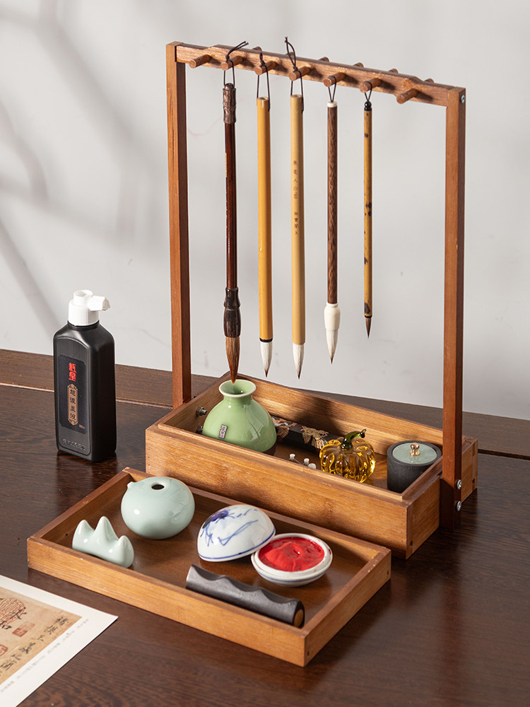 Royal Pavilion Pen Holder, Bamboo Pen Rack, Solid Wood Pen Hanger, New Chinese Style Multifunctional Pen Rack, Storage Organizer, Study Four Treasures Ornament, Calligraphy Storage Rack, Pen Holder Stand
