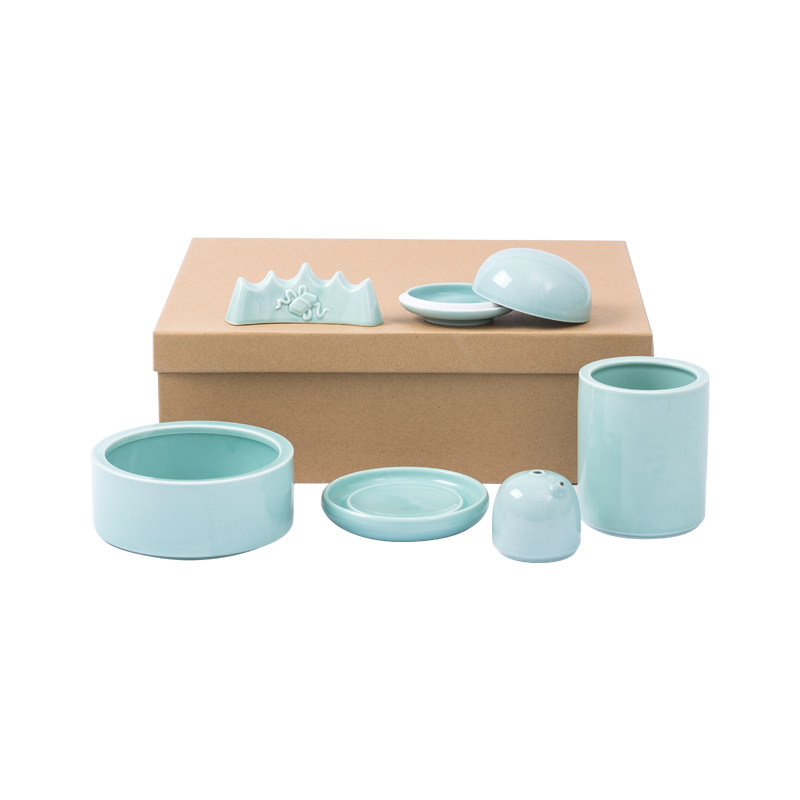 Imperial Porcelain Six-Piece Study Set: Four Treasures of the Study Porcelain Gift Box Set, Study Decorations, Chinese Painting Brush Holder, Pen Rest, Ink Pad Box, Inkstone, Water Drop Ink Dish, Porcelain Gift, Six-Piece Porcelain Set