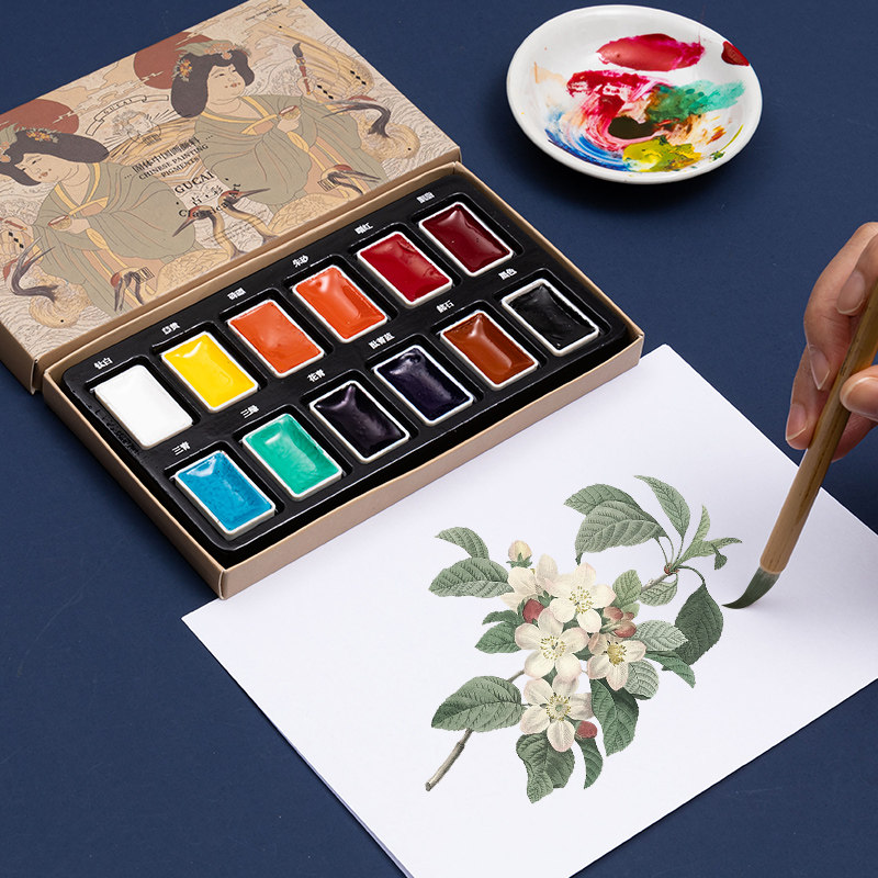 Imperial Pavilion 12-Color 24-Color Solid Chinese Painting Pigment Beginner Set for Elementary School Students and Children, Complete Set of Tools for Beginners, Chinese Painting, Ink Painting, Mineral Materials, Authentic Rubens Ancient Color Pearlescent