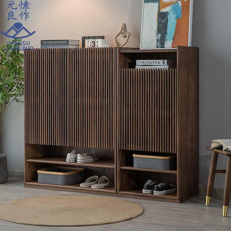 North American Black Walnuts Full Solid Wood Combined Grille Shoe Cabinet Large Capacity Contained Entrance Door Hall Partition Day Style Genguan Cabinet
