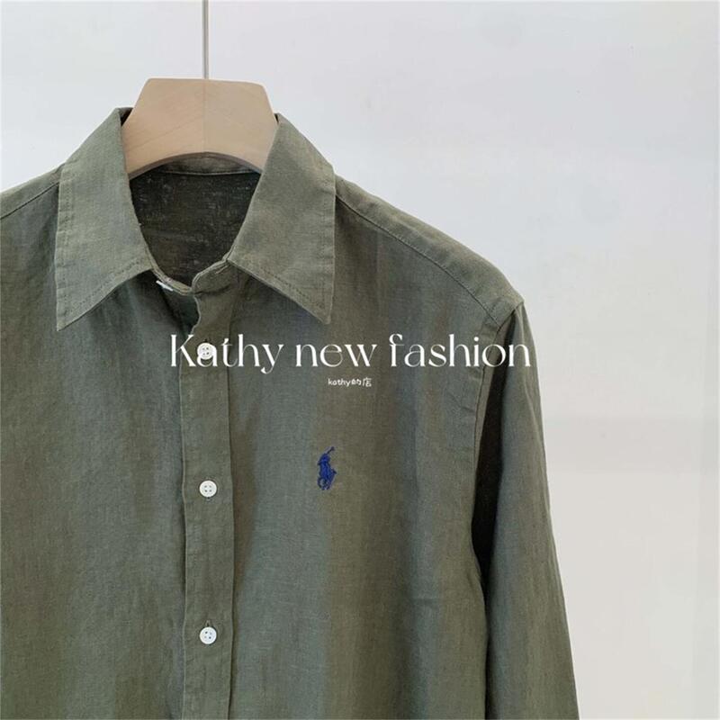 100% Natural Linen Pure Linen Embroidered Early Autumn Regular Shoulder Women's High-End Commuter Top Long-Sleeved Shirt Olive Green Shirt