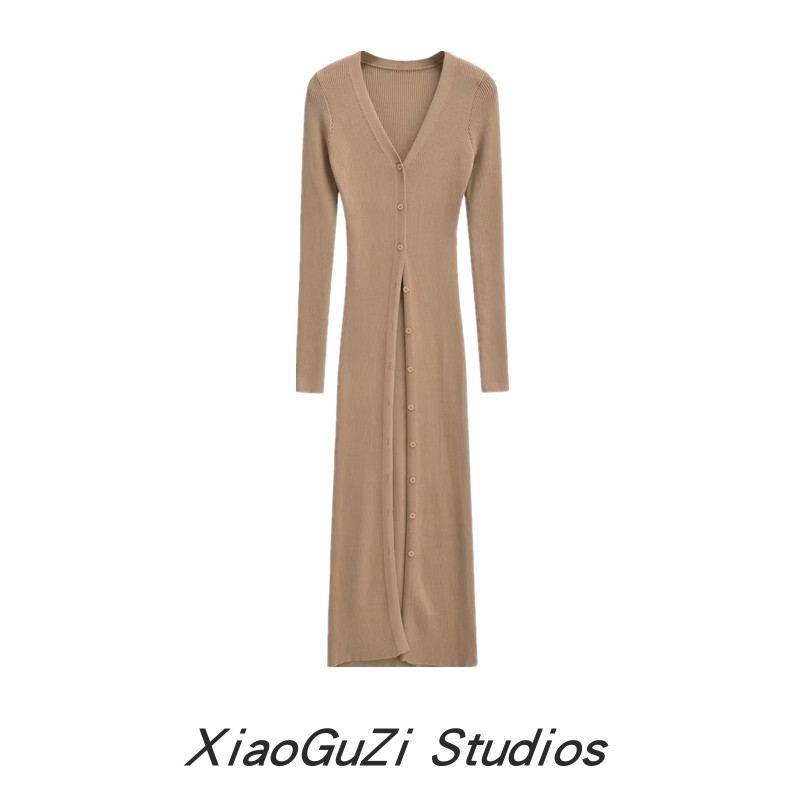 Kogami V-Neck Front-Button Long-Sleeve Knit Dress, European and American Style, New Autumn and Winter Fashion, Over-The-Knee Casual Outerwear