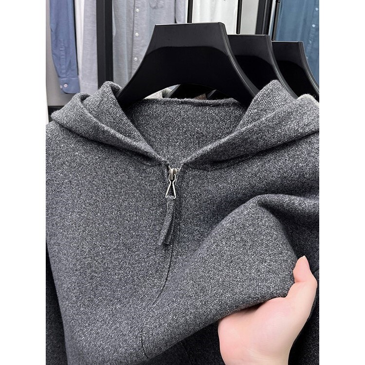 High-End Double-Zipper Lazy Style Hooded Cardigan Sweater for Men, Autumn and Winter Casual Loose Knitwear, Warm Jacket
