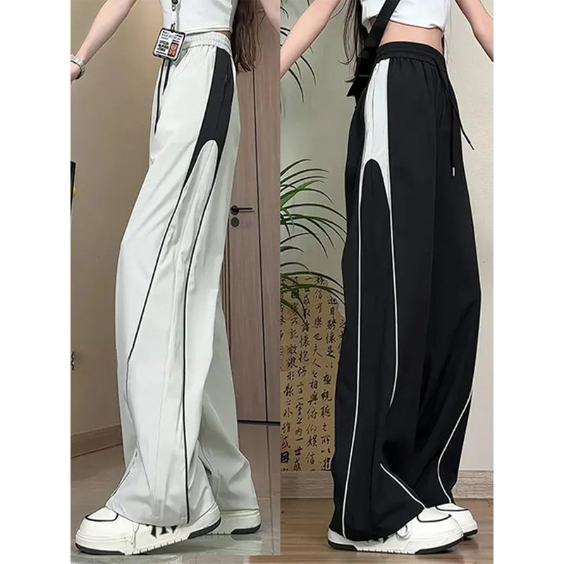 Black Ice Silk Quick-Drying Pants for Men and Women, Thin Style with Contrasting Color Stripes, Sporty Drape, Wrinkle-Resistant Straight-Leg Casual Pants