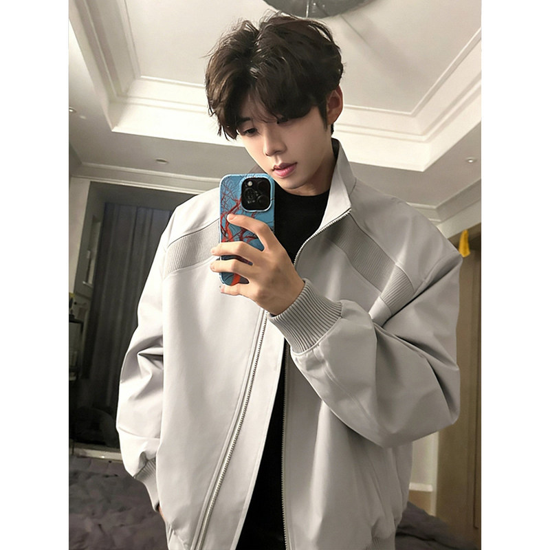 Gray Short Jacket for Men, Cool and Stylish, Autumn Cleanfit American-Style Patchwork Stand Collar Bomber Jacket Baseball Uniform