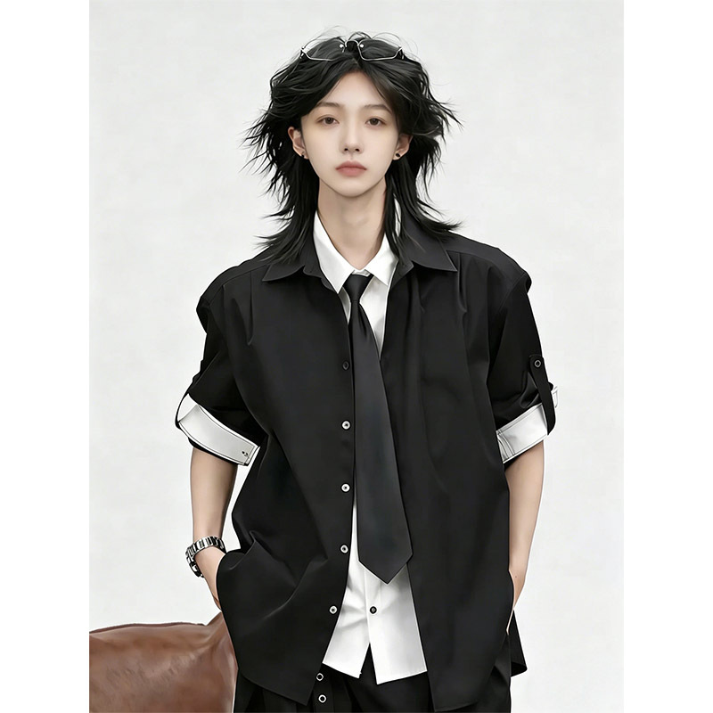 Fake Two-Piece Spliced Tie Ice Silk Short-Sleeve Shirt for Men and Women, High-End Lapel Half-Sleeve Shirt, Cleanfit Outerwear Fake Two-Piece Spliced Tie Ice Silk Short-Sleeve Shirt for Men and Women, High-End Lapel Half-Sleeve Shirt, Cleanfit Outerwear