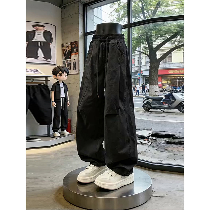 Black Pleated Cargo Pants for Men, Summer Cleanfit, Leg-Lengthening, Scimitar Wide-Leg Pants, American Casual Loose Fit Black Pleated Cargo Pants for Men, Summer Cleanfit, Leg-Lengthening, Scimitar Wide-Leg Pants, American Casual Loose Fit