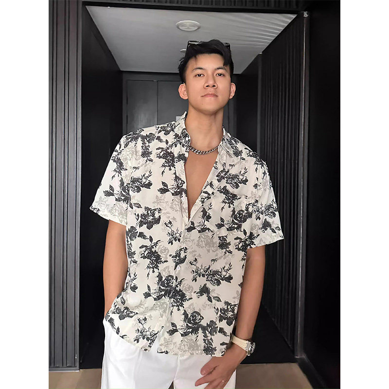 Hawaii Vacation Beach All-Over Print Shirt Men's Short-Sleeved Thin Drapey Handsome Shirt Ice Silk Cool Half-Sleeve