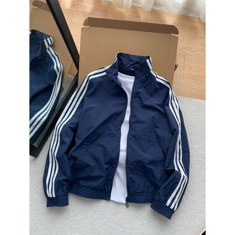 Navy Blue Three-Stripe Jacket Unisex Stand-Up Collar Jacket American Cleanfit Softshell Jacket Mountain Style Outdoor Style