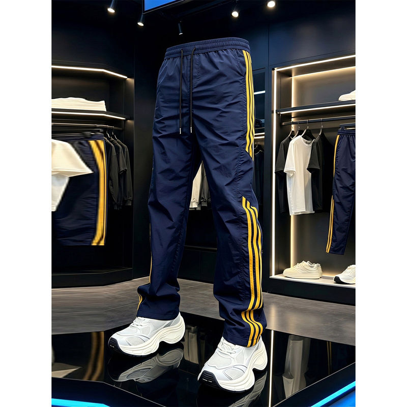 American-Style Three-Stripe Spliced Ice Silk Quick-Dry Sports Pants for Men, High-End Drape Striped Straight-Leg Fitness Casual Long Pants