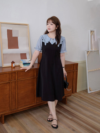 蓝若水大码女装假两件双层领a字裙微胖MM夏装新款收腰显瘦连衣裙