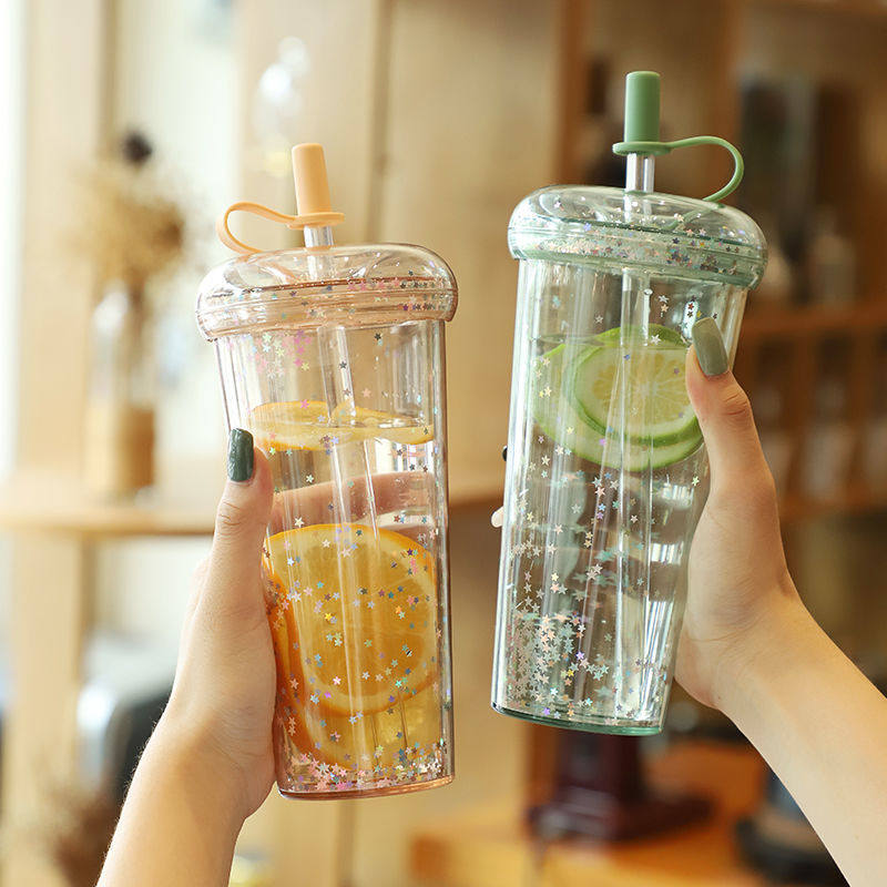 Girl heart milk tea cup straw drink cup children students Korean version cute plastic net red straw cup ins adults